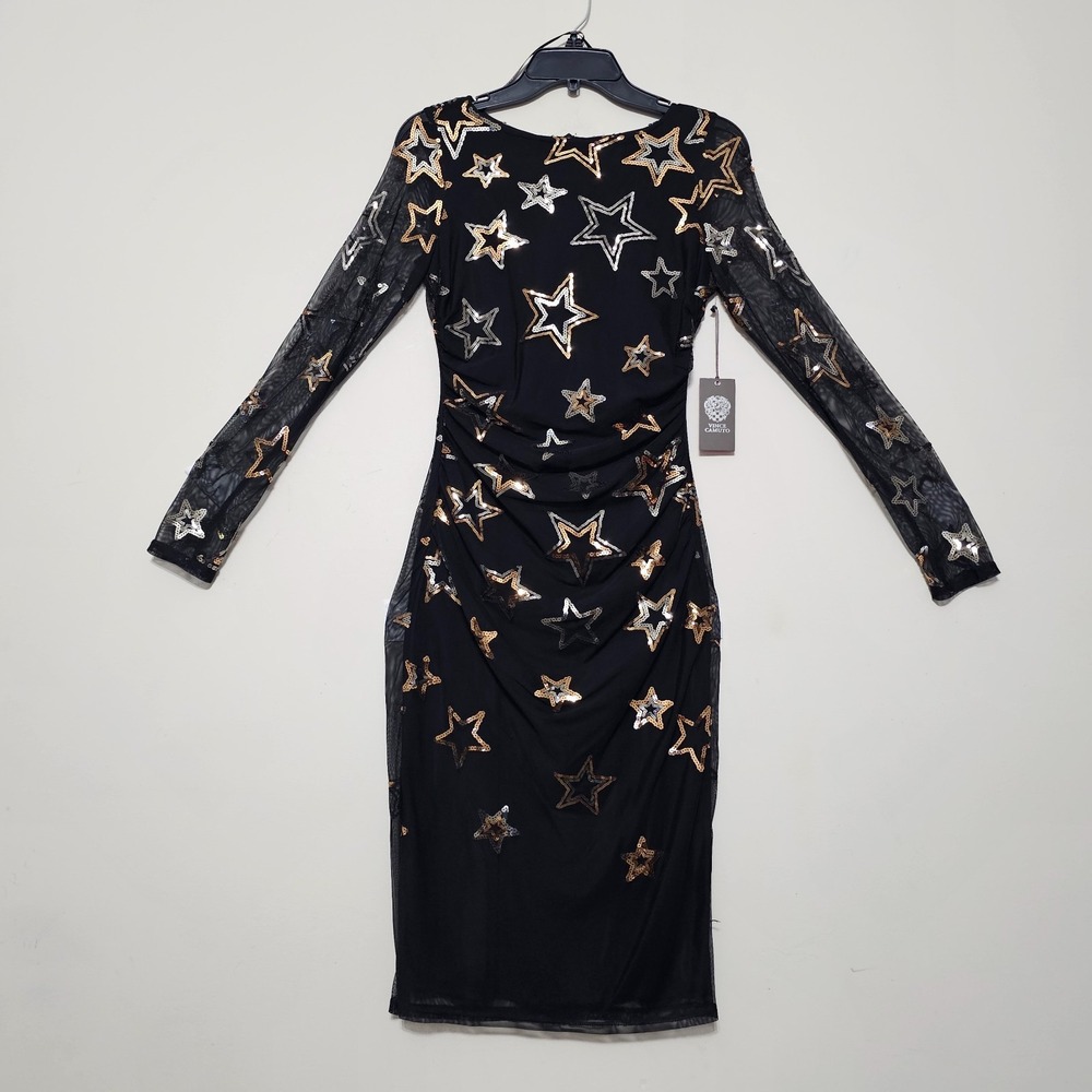 Vince Camuto Dress 2 Ruched Knee-Lenght Long Sleeves Sequin Embroidery New 1022